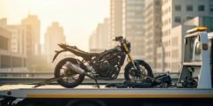 Moto sendo guinchada por caminhão de assistência em via urbana, representando a cobertura seguro moto com assistência 24h