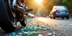 Detalhe de uma motocicleta parada ao lado de estilhaços de vidro na pista, representando situações de acidentes com terceiros cobertos pelo seguro moto da Pattini