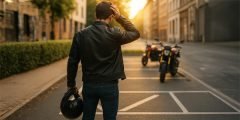 Motociclista de costas em estacionamento vazio segurando o capacete, indicando ausência da moto e cobertura contra roubo ou furto
