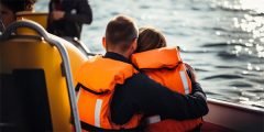 Casal usando coletes salva-vidas sendo resgatado por embarcação de apoio, representando a cobertura de perda total, assistência e salvamento do seguro náutico.