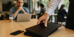 Notebook sendo furtado de uma mesa em coworking, representando cobertura seguro notebook e tablet em caso de sinistro com equipamento locado