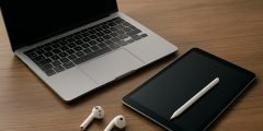 Notebook, tablet com caneta touch e fones de ouvido sem fio sobre uma mesa, representando cobertura seguro notebook e tablet para acessórios
