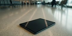 Tablet esquecido no chão de um aeroporto, ilustrando a cobertura internacional do seguro notebook e tablet