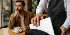 Mão de suposto funcionário de cafeteria furtando um notebook de uma mochila aberta em ambiente público, representando cobertura seguro notebook e tablet em casos de roubo ou furto com vestígios.