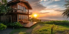 Casa de alto padrão à beira-mar ao pôr do sol representando a cobertura seguro residencial para residências de veraneio
