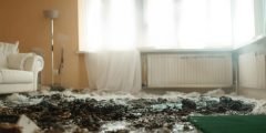 Residência com danos visíveis no chão após incêndio, com fuligem espalhada e forte claridade vinda das janelas