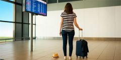 Mulher observando painel com voos cancelados, representando a cobertura seguro viagem para cancelamento, interrupção e regresso antecipado da viagem.