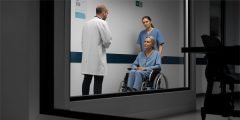 Paciente idosa em cadeira de rodas sendo acompanhada por profissionais de saúde, representando a cobertura seguro viagem para morte acidental, invalidez permanente e translado de corpo.