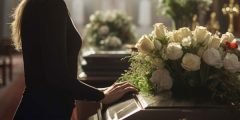 Pessoa ao lado de um caixão com flores, representando a cobertura de assistência funerária do seguro de vida.