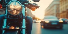 Motociclista circulando entre carros ao entardecer, ilustrando a cobertura seguro moto total para colisão, incêndio, roubo e furto com a Pattini