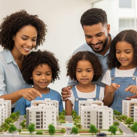 Família observando maquete de condomínio residencial, representando o planejamento para aquisição do imóvel próprio por meio de consórcio imobiliário com foco em futuro, segurança e conquista familiar.