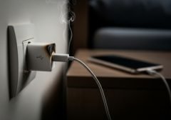 Imagem em close de um carregador de celular conectado à tomada ao lado de uma cama. O plástico do carregador apresenta uma pequena marca de queimado, e um fio de fumaça sobe do ponto de conexão do cabo, indicando um defeito elétrico iminente. Ao fundo, o celular repousa desfocado na mesa de cabeceira.