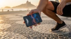 Imagem em close da mão de uma pessoa agachada, recolhendo um smartphone moderno com a tela completamente trincada do calçadão de Copacabana. A cena se passa durante o pôr do sol, com uma luz quente e dourada que realça o dano no aparelho, e tem o fundo da praia e do mar desfocado.