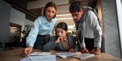Três profissionais em reunião analisando documentos e gráficos, simbolizando os impactos econômicos causados a terceiros em caso de interrupção de atividades devido a falhas da empresa segurada.