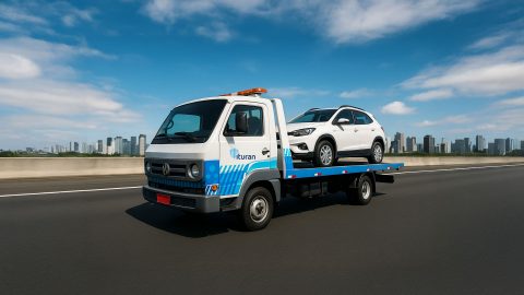 guincho da seguradora Ituran transportando um carro representando seguro auto da Ituran