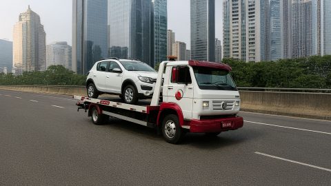 guincho da seguradora Sompo Seguros transportando um carro representando seguro auto da Sompo Seguros