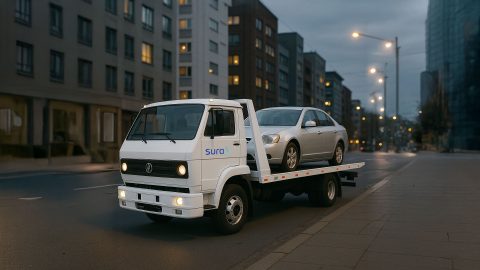 guincho da seguradora Sura Seguros transportando um carro representando seguro auto da Sura Seguros